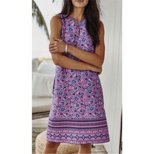 J. Jill Love Linen Orchid Purple Floral Printed Linen Short Dress w/ Border S